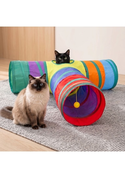 T-model Kedi Oyun Tüneli 3 Yollu Katlanabilir Pencereli Ponpon Oyuncaklı Kedi Tüneli 80x50 Cm