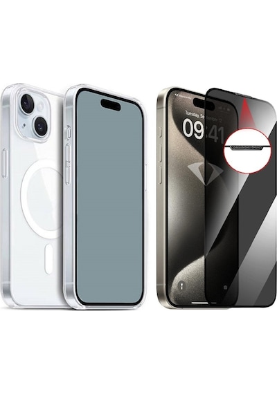 Vendas Apple Uyumlu iPhone 14 Kılıf M-safe Şarj Özellikli Şeffaf Sert Pc Zore Embos Kapak + Hayalet Ekran Koruyucu Şeffaf