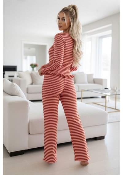 Siyah İnci Bürümcük-krınkıl Uzun Kollu Düğmeli Örme Pijama Takım 7990 Kırmızı