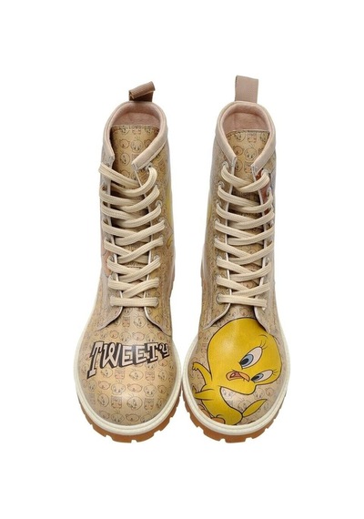 Kadın Vegan Deri Bej Uzun Bot - Warner Bros Tweety Moods Tasarım Multicolor
