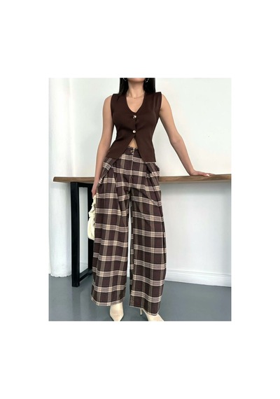 Asur Boutique Asur Butik Kadın Fular Detaylı Ekose Pantolon Kahverengi
