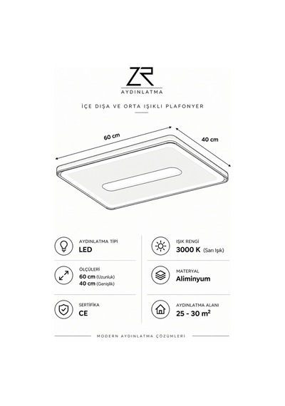 Eskitme Gold 60x40 cm Dikdörtgen 3000K Sarı Işık Led Tavan Lambası