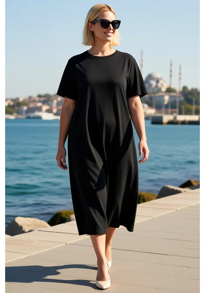 Benerly Kadın Büyük Beden Midi Shift Kesim %100 Pamuk Örme T-shirt Elbise Siyah