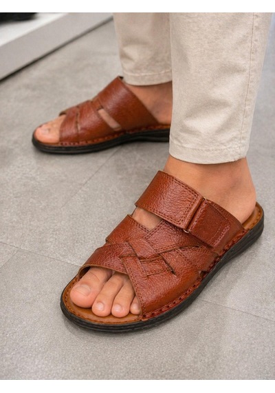 Papucumun Dünyası Erkek Hakiki Deri Terlik Comfort Taban Kahverengi