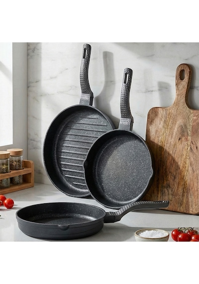 Oms 3738 Biogranit Döküm Grill Ergonomik Saplı 3 Parça Tava Seti Gri 20-24-28cm Gri
