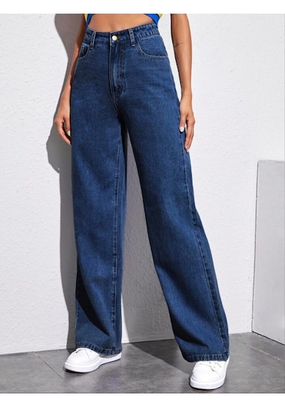 2020 Kadın Likrasız Palazzo Jeans Kot Denim Pantolon Koyu Mavi