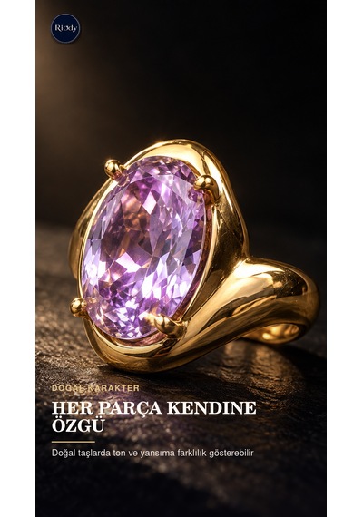 Riody Aube Violette Gold Kaplama Doğal Lila Kedi Gözü Taşlı Açık Form Kadın Yüzük Altın Sarısı
