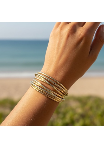 Kadın 14k Kaplama Gold Çoklu Şerit Çelik Kelepçe Bileklik Çok Renkli