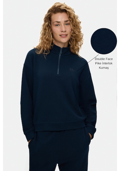 UCLA Ruelle Lacivert Yarım Fermuarlı Nakışlı Pamuklu Loose Fit Kadın Pike Sweatshirt