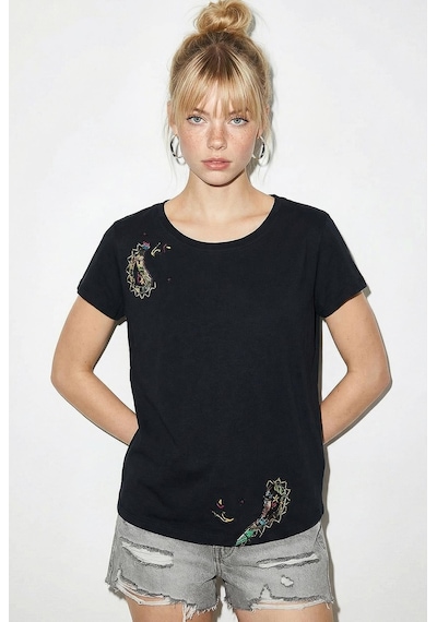 Shade Kadın Pamuk El İşi Nakış Detaylı  Tasarım T-shirt 1006 60282052 - Siyah L