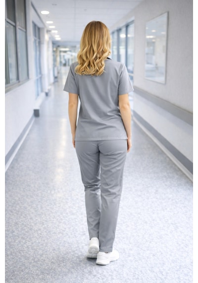 Likralı Hemşire Doktor Forması Premium Belinda Soft Kumaş Scrubs Hastane Üniforması Cerrahi Takım Gri