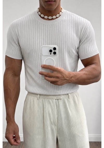 Tarz Cool Erkek Slim Fit Fitilli Triko Tişört Bisiklet Yaka Premium Pamuk Basic Yazlık T-shirt Beyaz