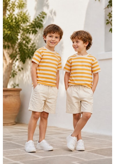 Eray Alp Kids Erkek Çocuk Çizgili Tişört Keten Şort Takımı Yazlık Günlük Model Sarı