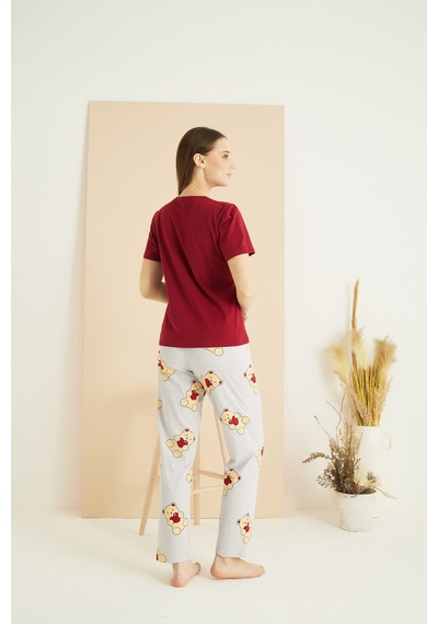 Siyah İnci Pamuklu Bisiklet Yaka Örme Pijama Takım25107132 Bordo