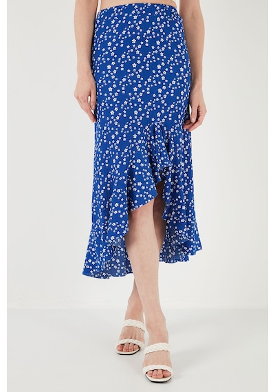 Lela Çiçek Desenli Regular Fit Volanlı Yüksek Bel Midi Boy Yırtmaçlı Bayan Etek 5869012 Saks