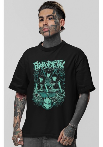 Sevbano Babymetal Rock Metal Müzik Grubu Baskılı Unisex Oversize Tişört Siyah