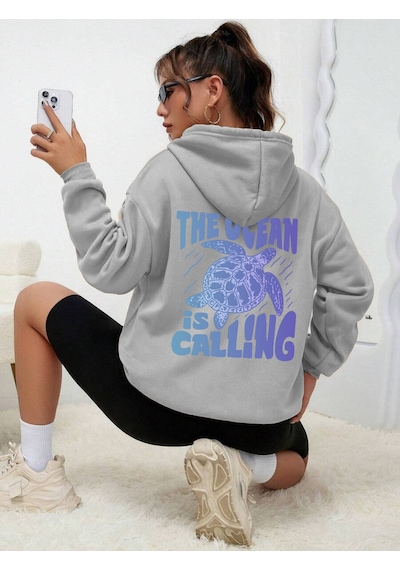 Uyguntarz Unisex The Ocean İs Calling Baskılı Tasarım Oversize Sweatshirt Gri