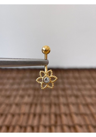 316 L Cerrahi Çelik Anti Alerjik 10 Mm 6 Yapraklı Çiçek Model Göbek Piercingi Gold
