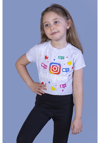 Toontoy Kids Toontoy Kız Çocuk Kalpli Instagram Baskılı Tişört Gri Melanj