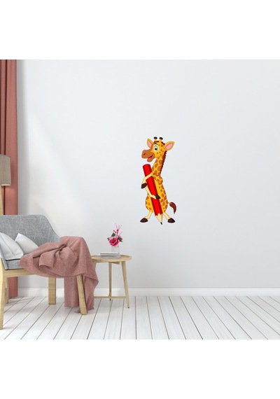 Sevimli Zürafa ve Kalem Ana Okulu Çocuk Odası Duvar Kapı Sticker
