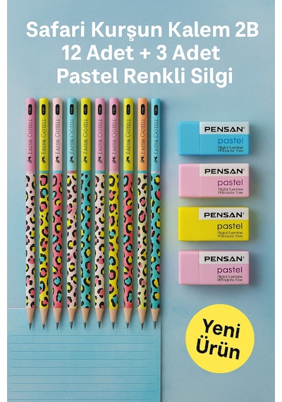 Safari Kurşun Kalem 2b 12 Adet + 3 Adet Pastel Renkli Silgi Çok Renkli