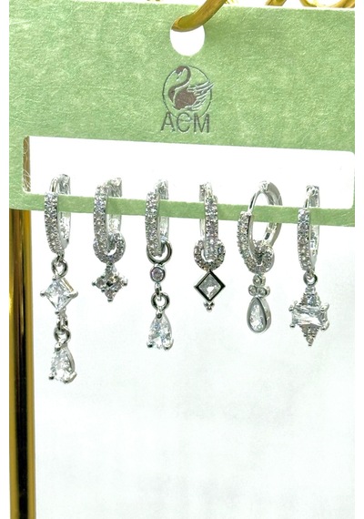 Kadın Küpe İthal Full Zirkon Seri 6'lı Kare Damla Baget Model Kararmaz Küpe Gümüş
