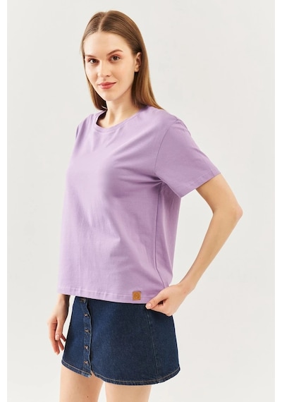 Kadın Oversize Rahat %100 Pamuklu Penye Bisiklet Yaka Kısa Kol Basic T-shirt Lila