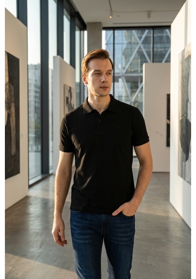 Süvari Slim Fit Düz Baskısız Pike Düğmeli Polo Yaka Nefes Alabilen T-shirt Siyah