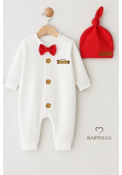 Babyden's Mini Boss Erkek Bebek Tulum Ve Şapka Seti Yenidoğan Papyonlu Bebek Tulumu %100 Pamuk Kırmızı