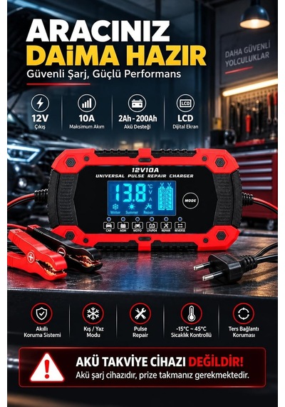 Tr Akıllı Dijital Akü Şarj Cihazı 12v 10a, 2ah-200ah Akü Uyumlu, Lcd Ekranlı, Pulse Repair, Kış Yaz Modu, Agm L