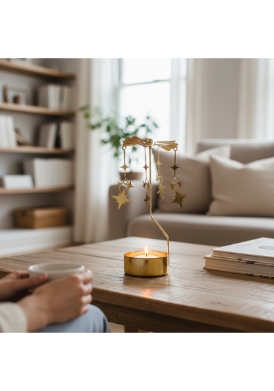 Isı İle Dönen Dekoratif Yıldız Tasarımlı Metal Tealight Mumluk Gold
