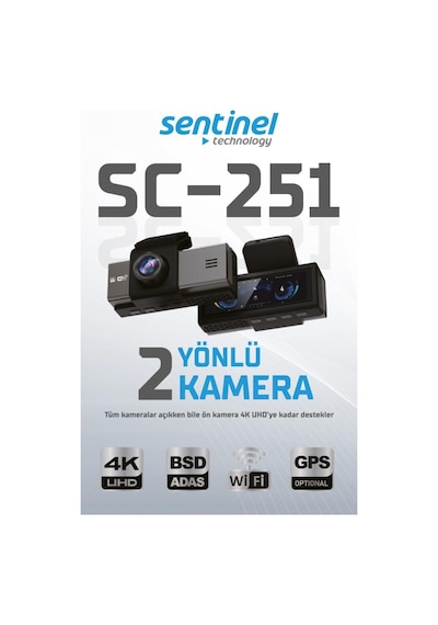 Sentinel Sc-251 Araç İçi Kamera 4k Uhd Wifi Çift Kameralı Dash Cam Arka Kamera Destekli