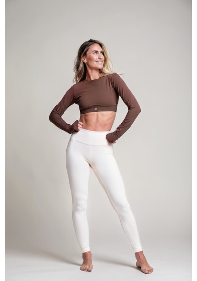 Uzun Kollu Parmak Geçmeli Kahverengi Spor Üst Yoga & Pilates Crop Kahverengi