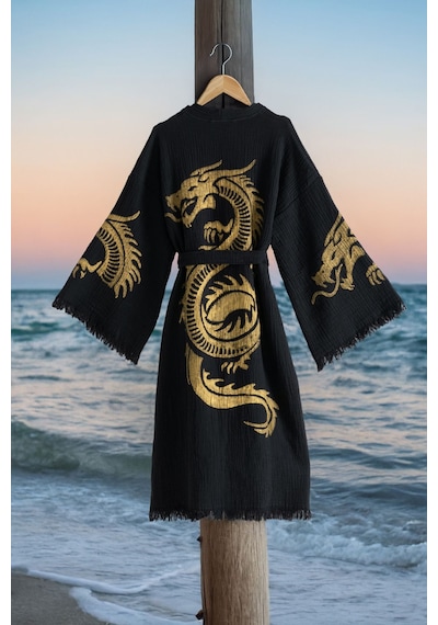 Varol Organik %100 Pamuk Kimono Yaka Sabalık Bornoz Plaj Elbisesi - Viserion - Sarı - L/xl Sarı/l/xl Siyah - Sarı