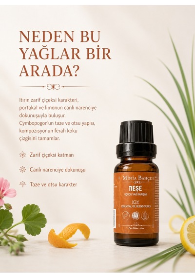 Minia Bahçe  Neşe Joy Uçucu Yağ Karışımı Itır Tatlı Portakal Aromatik Çim ve Limon Yağları 10 ML