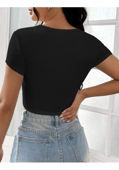 Rooted-kadın Kare & Havuz Yaka Crop T-shirt ,likralı Fitilli Kaşkorse Kumaş SIYAH