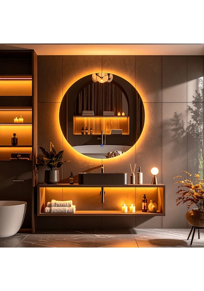 Swirl Amber Led'li Lazer Kumlamalı Lavabo & Banyo Aynası Dokunmatik Sensörlü 70 X 70 Turuncu