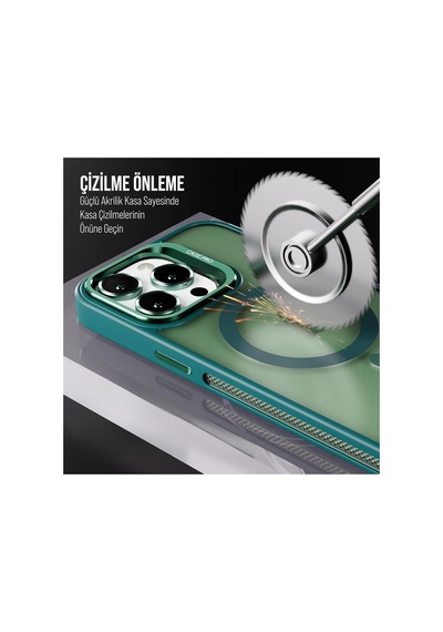 iPhone Uyumlu 14 Plus / 15 Plus Kamera Koruma Stantlı Magsafe Destekli Lens Koruyucu Telefon Kılıfı Haki
