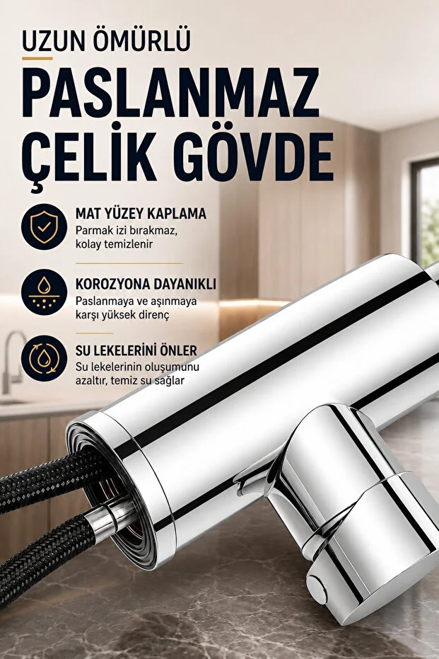 Mutfak Bataryası 3 Fonksiyonlu 360 Döner Uzatmalı Çekilebilir Başlıklı Evye Musluğu Krom