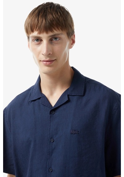 Lacoste Men's Relaxed Fit Shirt Rahat Kesim Kısa Kollu Erkek Keten Gömlek Lacivert
