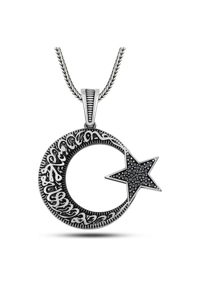 Gümüş Kelime-i Tevhid Yazılı Taşlı Erkek Kolye Gümüş