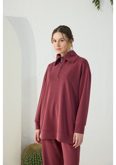 Aker Bordo Yakası Ve Yan Yırtmaçları Fermuarlı Modal Sweatshirt Bordo Bordo