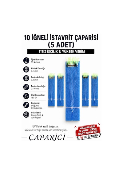 10 İğneli İstavrit Çaparisi 5 Adet 11 Numara İğne 0.25 Beden 0.15 Köstek 150 Gr Atarl Kapasitesi Köpüğe Sarılı Düğümlü El Bağlaması