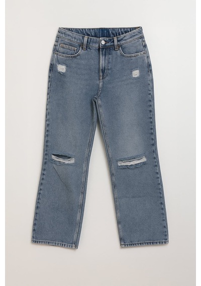 Kadın Yüksek Bel Wide Leg Yırtık Detaylı Buz Mavisi Jean Pantolon Mavi