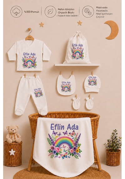 Pia Baby İsme Özel Kız Bebek Zıbın Seti 8 Parça %100 Pamuk Hastane Çıkışı Keseli Hediye Seti 1045zybk3x Krem