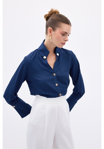 Sateen Çıt Çıt Detaylı Gömlek - İndigo-136557 İndigo