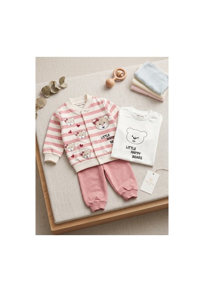Deniva Kids Kız Bebek Ayıcık Baskılı Çizgili Ceketli 3'lü Takım Pudra Pembe