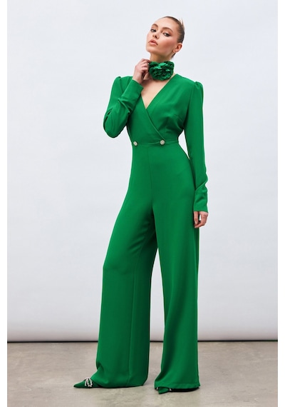 Sateen Kruvaze Süs Taşlı Krep Tulum - Yeşil
