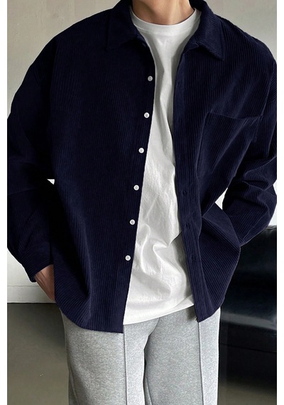 Genius Store Erkek Gömlek Fitilli Kadife Oversize Gömlek Yaka Cepli Uzun Kollu Ceket Gömlek Lacivert