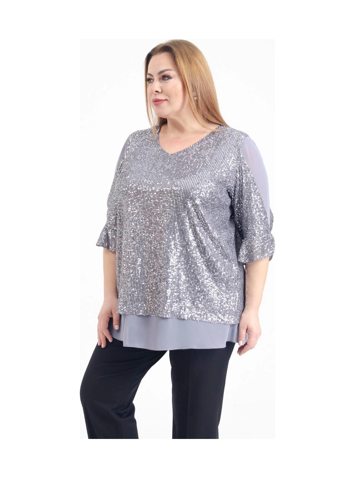Lilas Xxl Büyük Beden Gri Renkli Pul Payetli Şifon Bluz Gri